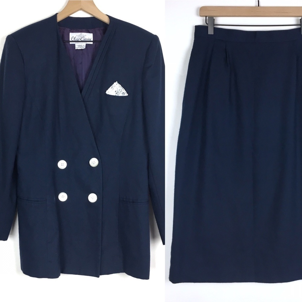OLEG CASSINI Vintage Suit Jacket Skirt 80s Chic Retro Shoulder Pads Plus Size 14